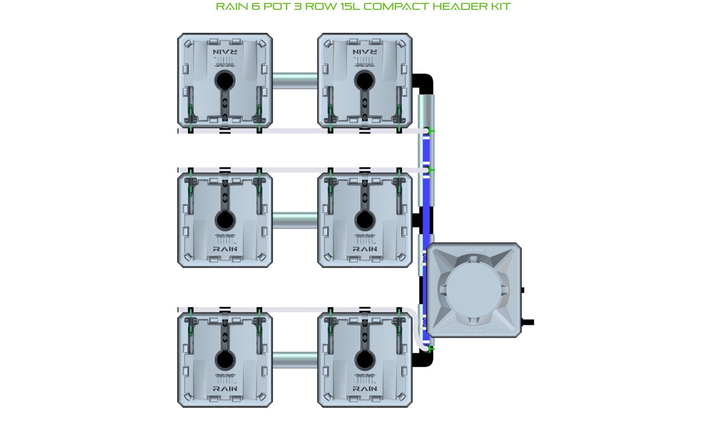 ALIEN Hydroponics RAIN 6 Pot 3 Row 15L Compact Header Kit product image 1