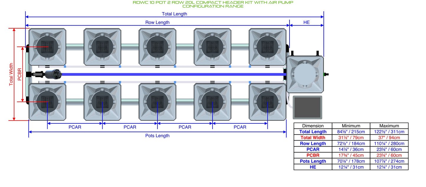 ALIEN Hydroponics RDWC 10 Pot 2 Row 20L Compact Header Kit with Air Pump product image 1