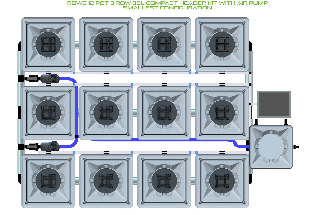 ALIEN Hydroponics RDWC 12 Pot 3 Row 36L Compact Header Kit with Air Pump product image 3