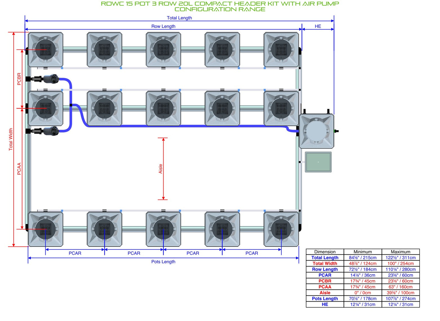 ALIEN Hydroponics RDWC 15 Pot 3 Row 20L Compact Header Kit with Air Pump product image 2
