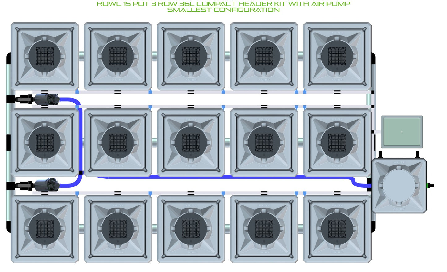 ALIEN Hydroponics RDWC 15 Pot 3 Row 36L Compact Header Kit with Air Pump product image 3