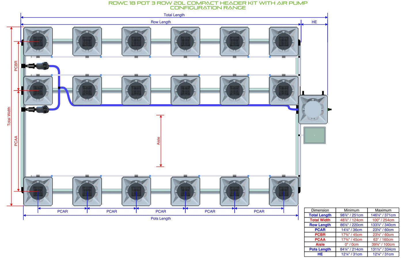 ALIEN Hydroponics RDWC 18 Pot 3 Row 20L Compact Header Kit with Air Pump product image 2