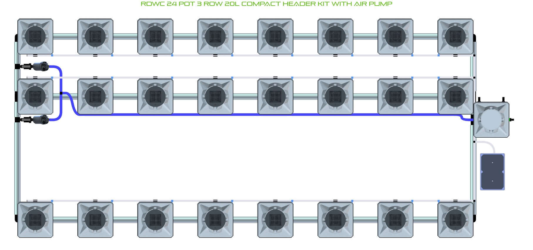 ALIEN Hydroponics RDWC 24 Pot 3 Row 20L Compact Header Kit with Air Pu