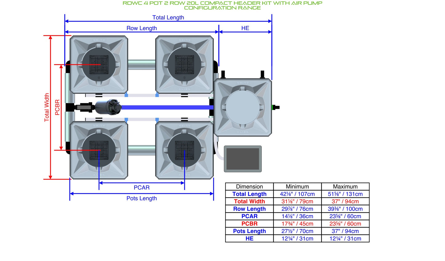 ALIEN Hydroponics RDWC 4 Pot 2 Row 20L Compact Header Kit with Air Pump product image 2