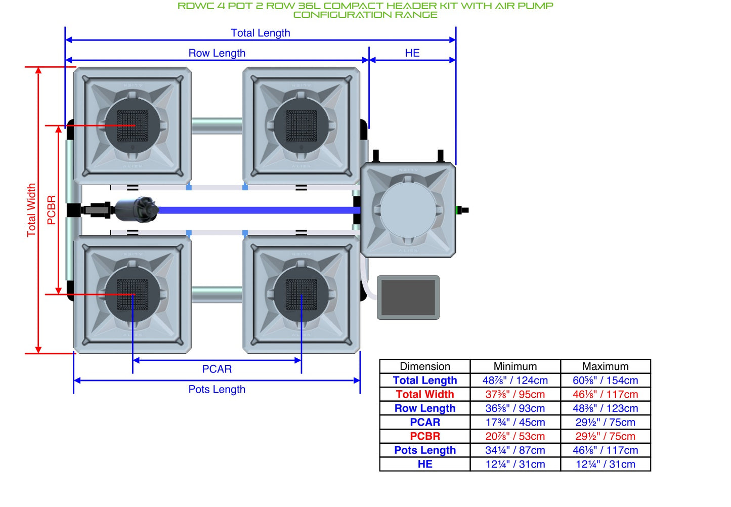 ALIEN Hydroponics RDWC 4 Pot 2 Row 36L Compact Header Kit with Air Pump product image 2