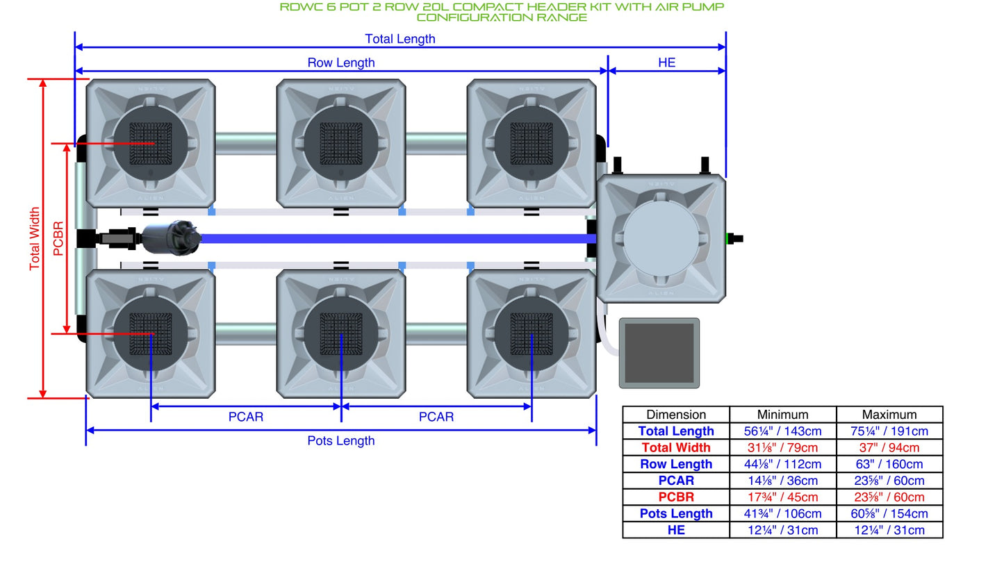 ALIEN Hydroponics RDWC 6 Pot 2 Row 20L Compact Header Kit with Air Pump product image 2