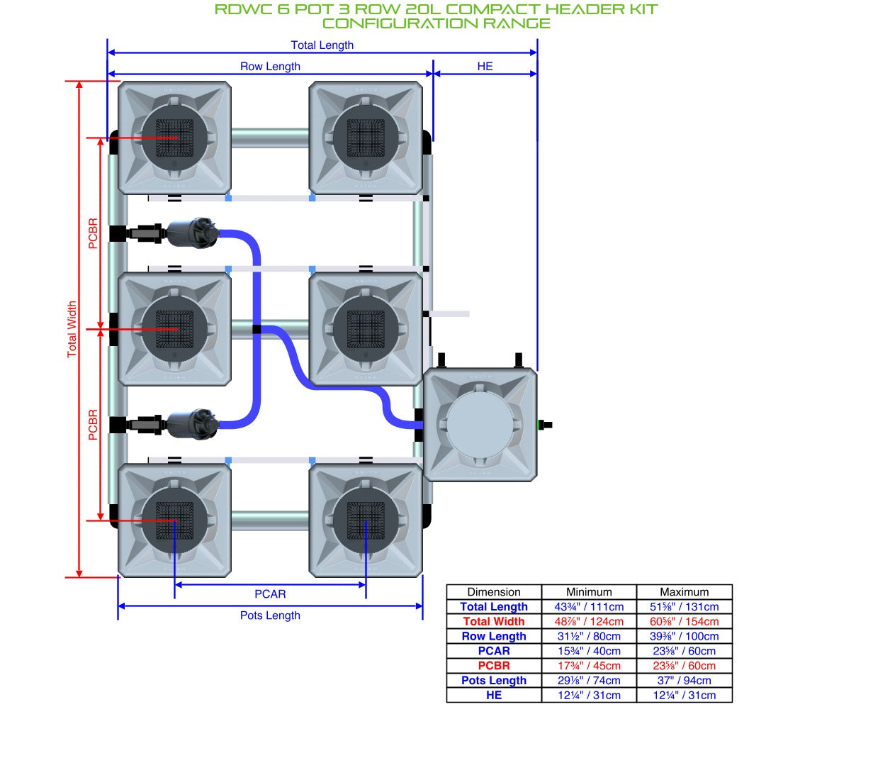 ALIEN Hydroponics RDWC 6 Pot 3 Row 20L Compact Header Kit product image 2