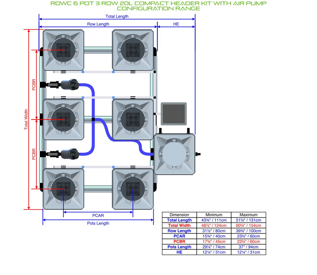 ALIEN Hydroponics RDWC 6 Pot 3 Row 20L Compact Header Kit with Air Pump product image 2