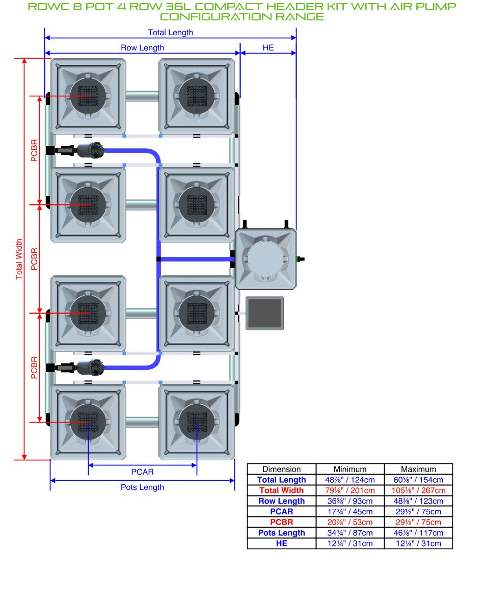 ALIEN Hydroponics RDWC 8 Pot 4 Row 36L Compact Header Kit with Air Pump product image 2