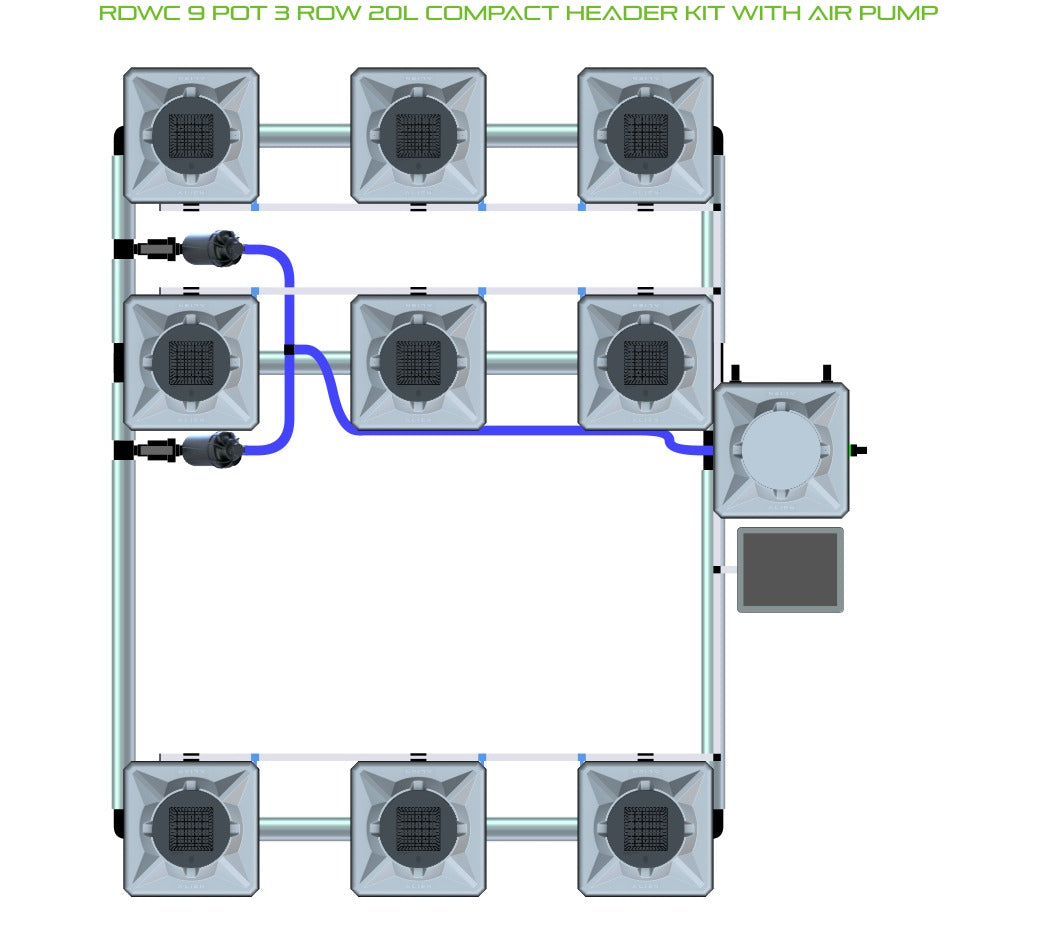 ALIEN Hydroponics RDWC 9 Pot 3 Row 20L Compact Header Kit with Air Pump product image 1
