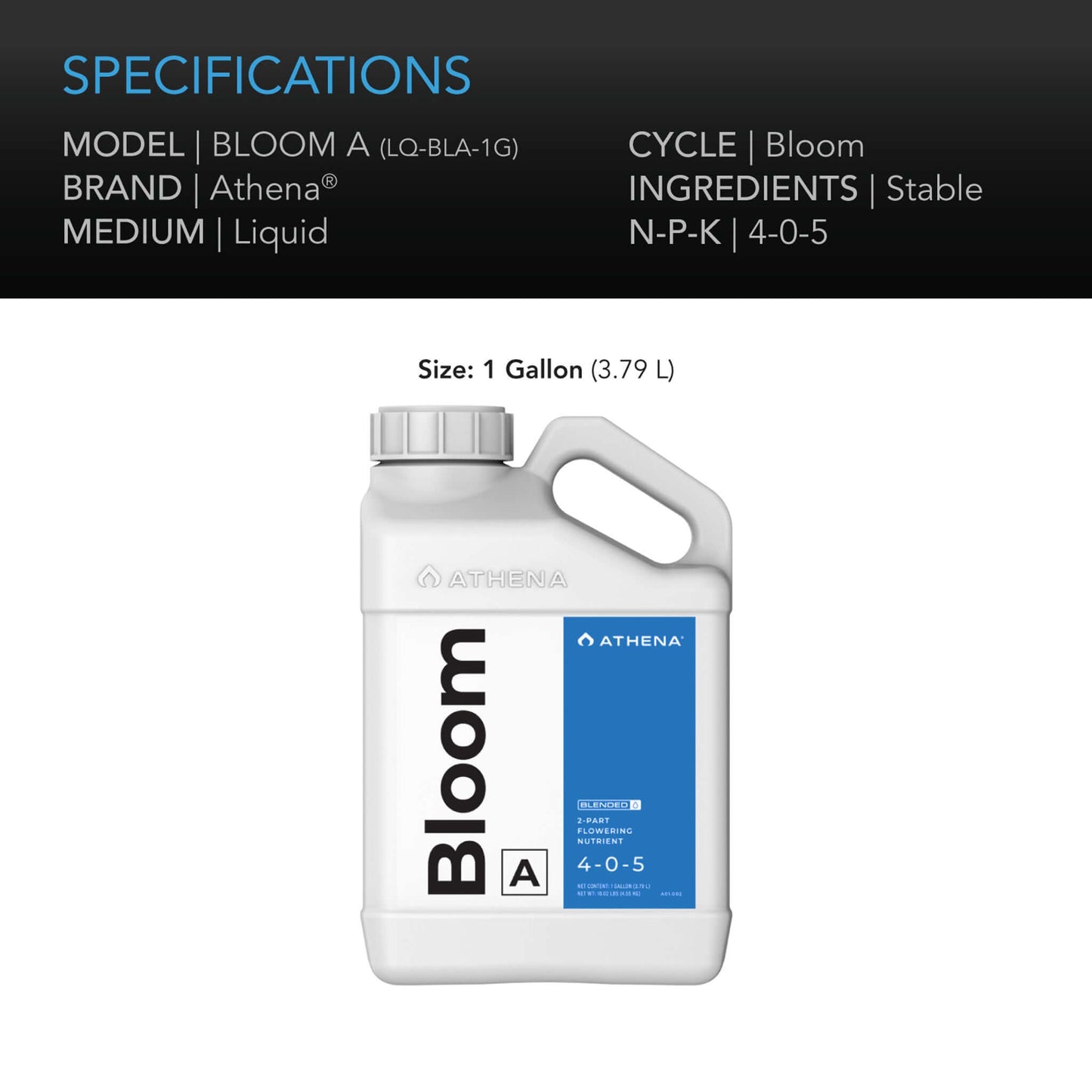 Athena Bloom A, Flowering Hydroponic Nutrient, Formula for Flowering Stage of Fruit & Flower Plants, 1 Gallon