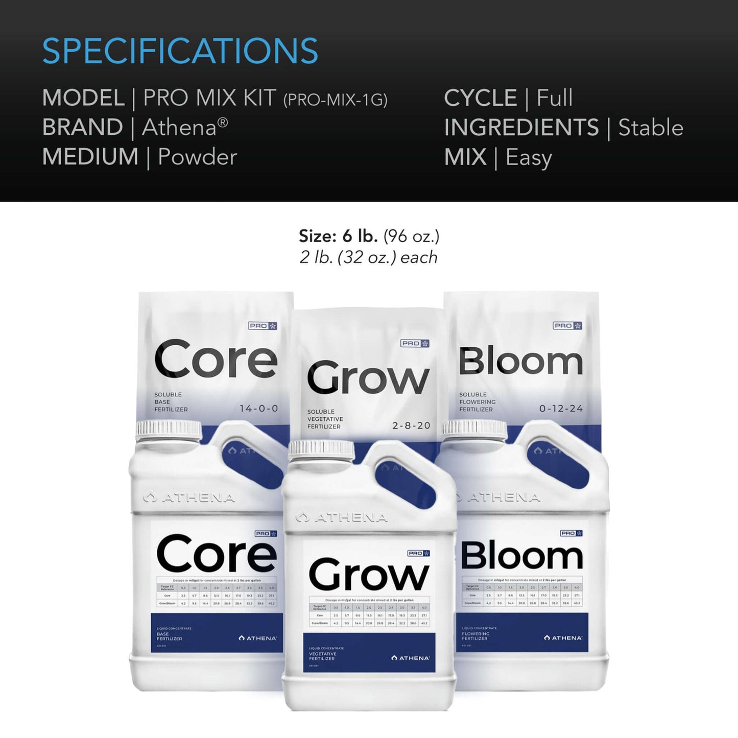 Athena Complete Pro Mix Kit, Hydroponics Fertilizer Concentrate Solution: 2 lb. Each Pro Core, Pro Bloom & Pro Grow with Mixing Jugs