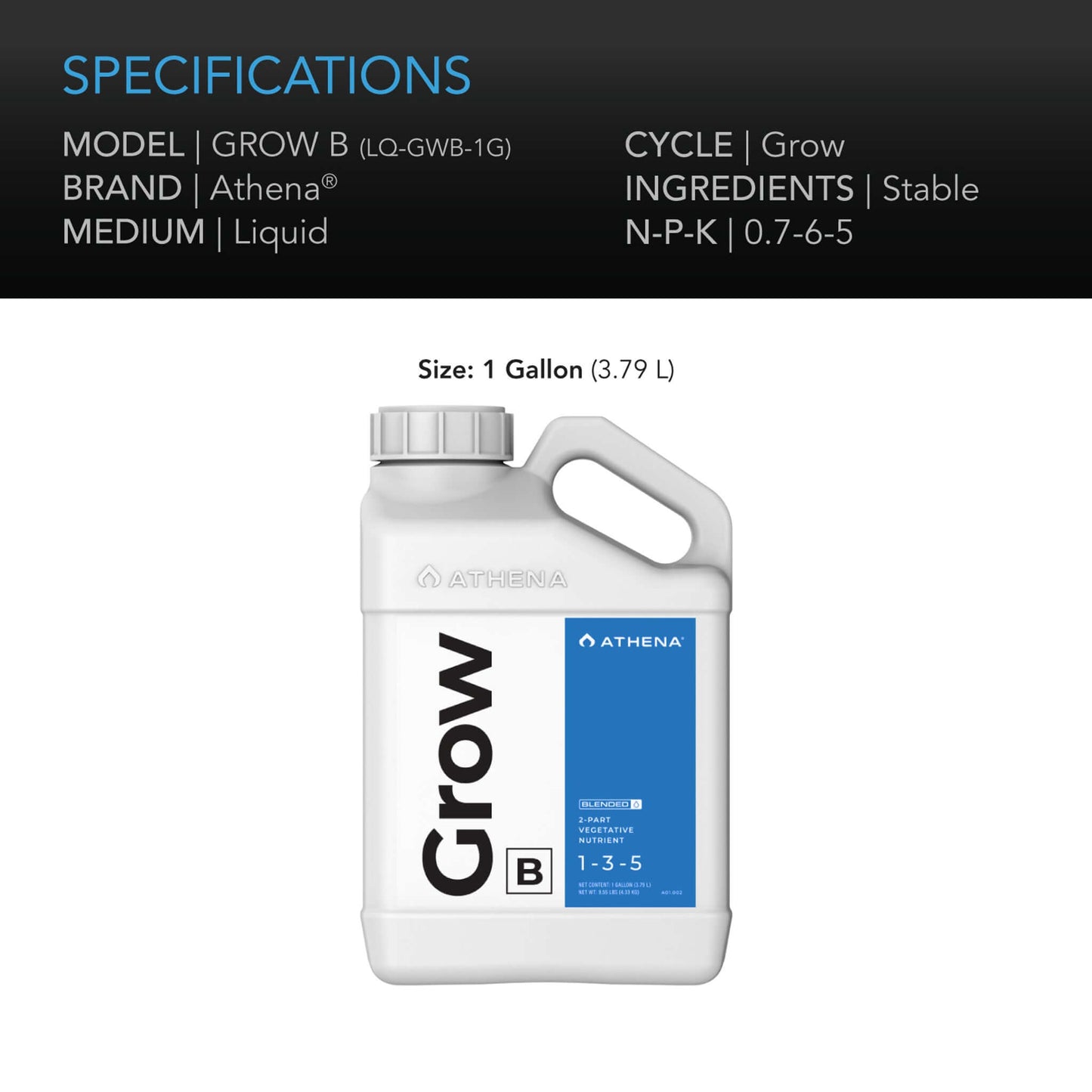 Athena Grow B, Vegetative Hydroponic Nutrient, Balanced Formula for Vigorous Plant Growth, 1 Gallon