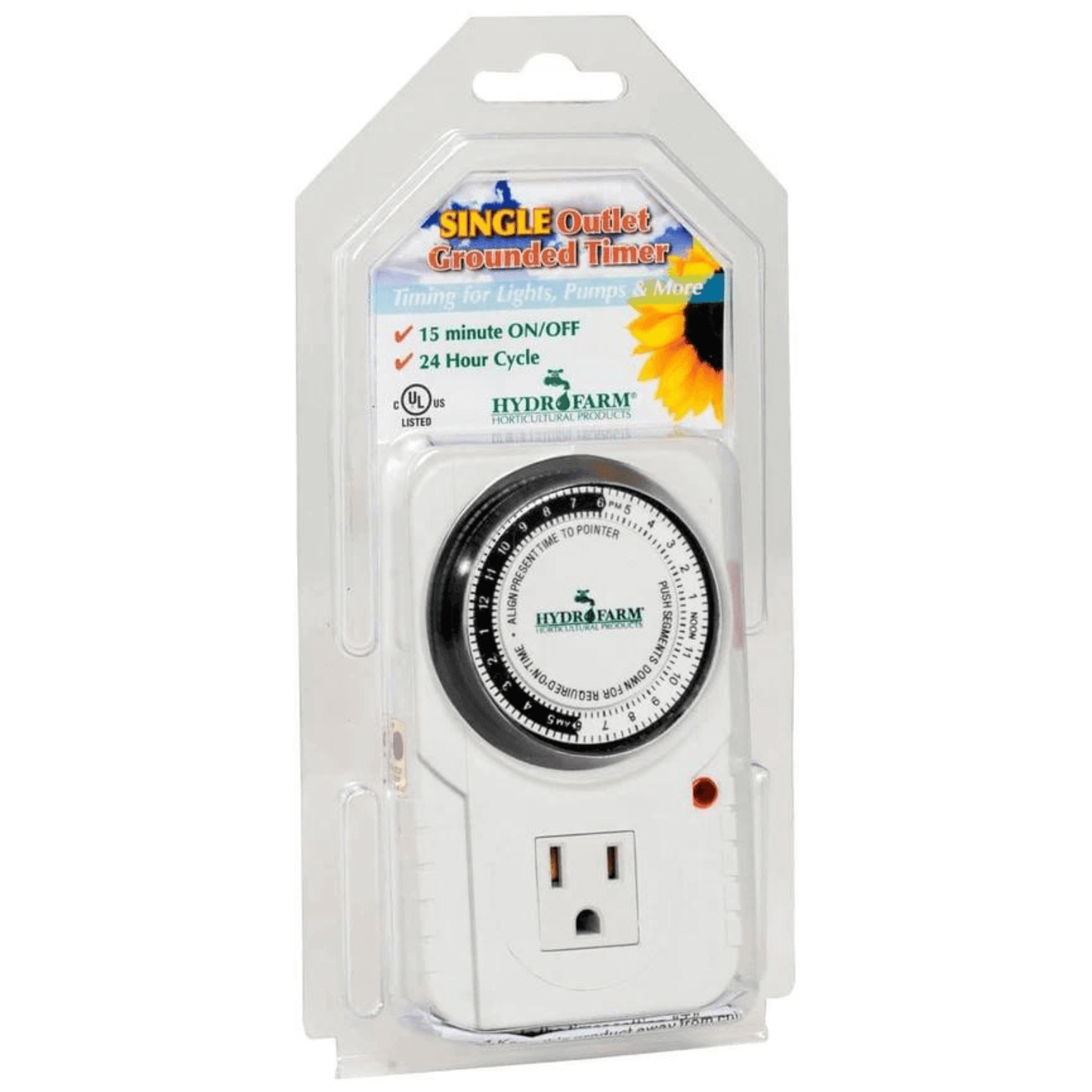 Single outlet grounded timer in packaging with 15 minute on/off increments, suitable for lights, pumps, and more.