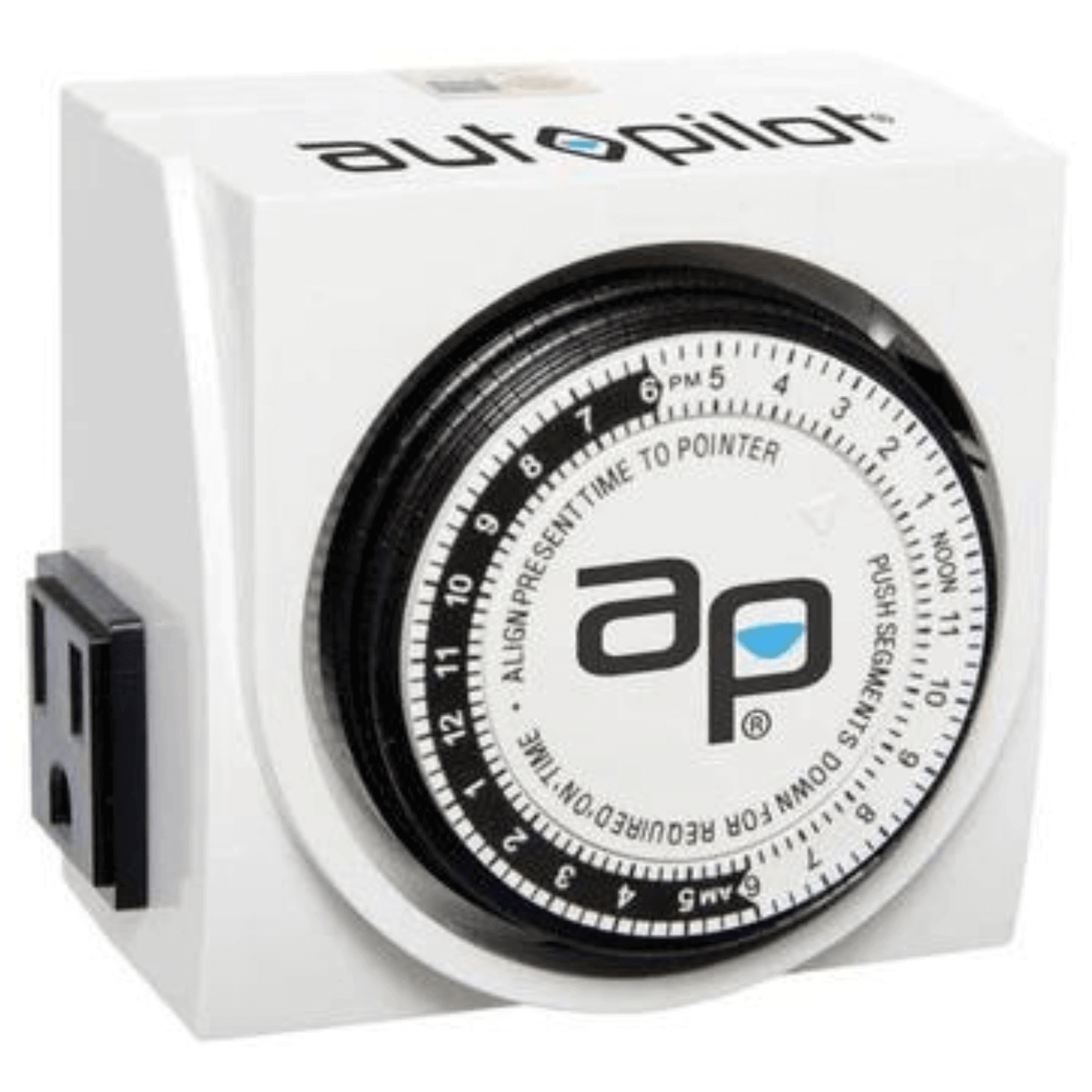 Autopilot Dual-Outlet Analog Grounded Timer for lighting automation, 1725W and 15A capacity, ideal for hydroponic systems.