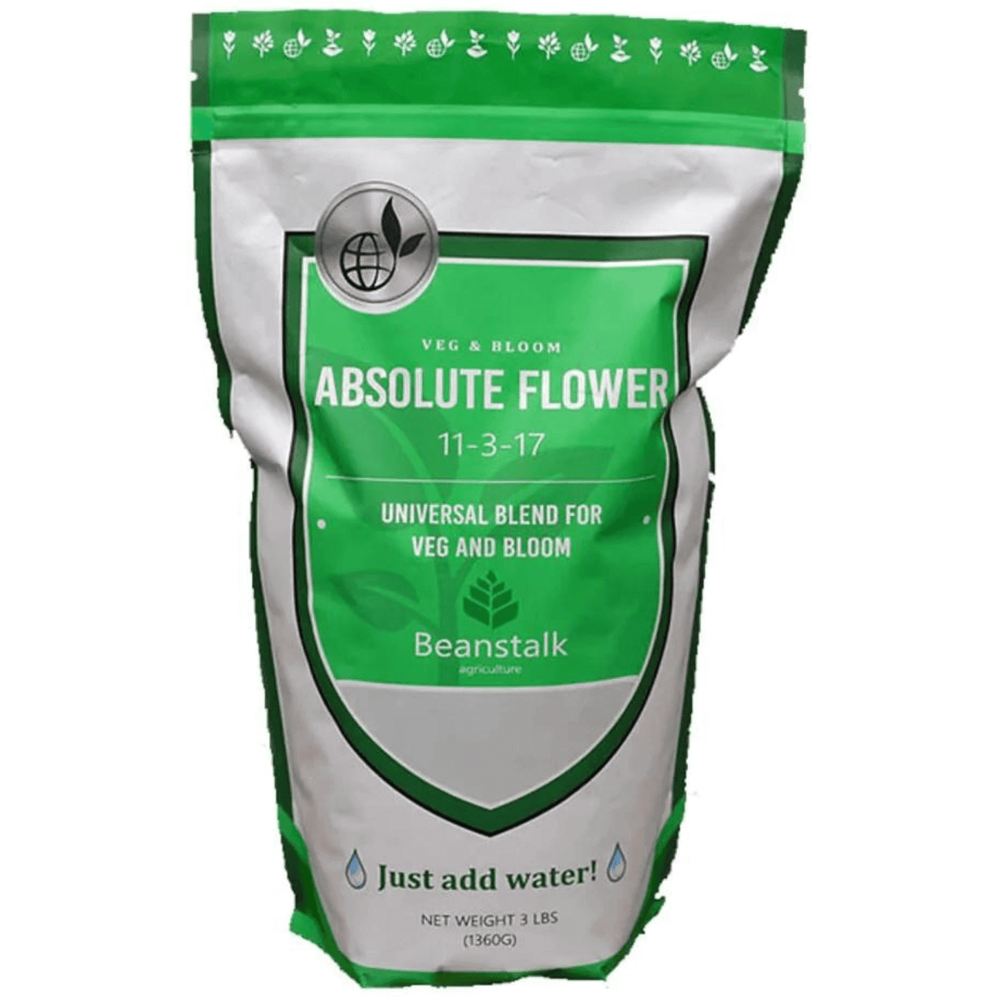 Beanstalk Absolute Flower Controlled Release Fertilizer 3 lb pouch with advanced polymer technology for veg and bloom.