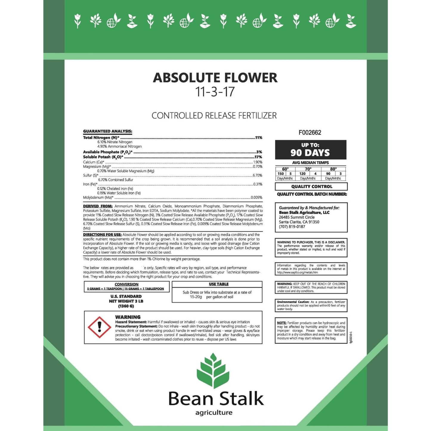 Beanstalk Absolute Flower Controlled Release Fertilizer for Flower, 50 lb Pail BSA-AF50 Planting & Watering