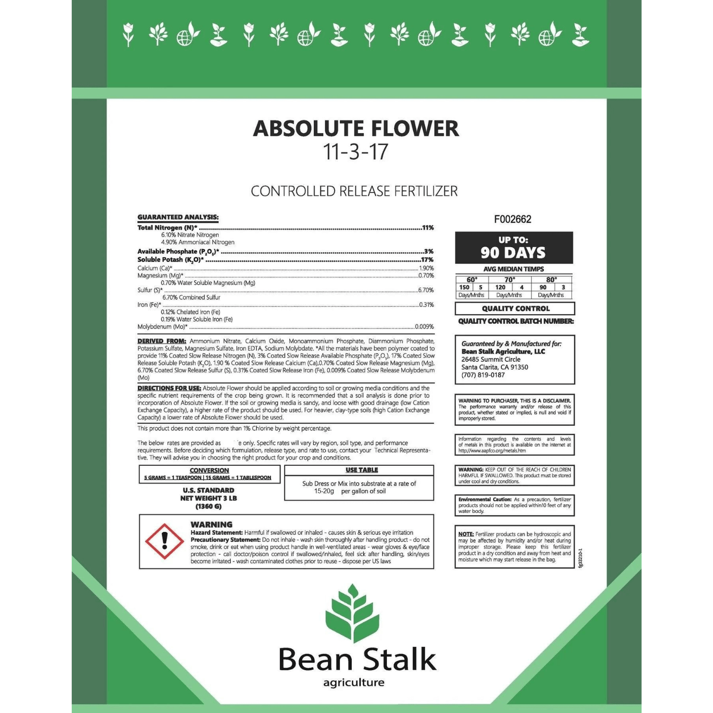 Beanstalk Absolute Flower Controlled Release Fertilizer label, detailing guaranteed analysis and quality control information.