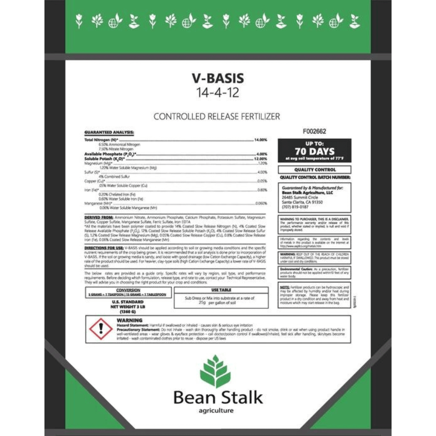 Beanstalk V-Basis Controlled Release Fertilizer for Veg, 50 lb Pail BSA-VB50 Planting & Watering