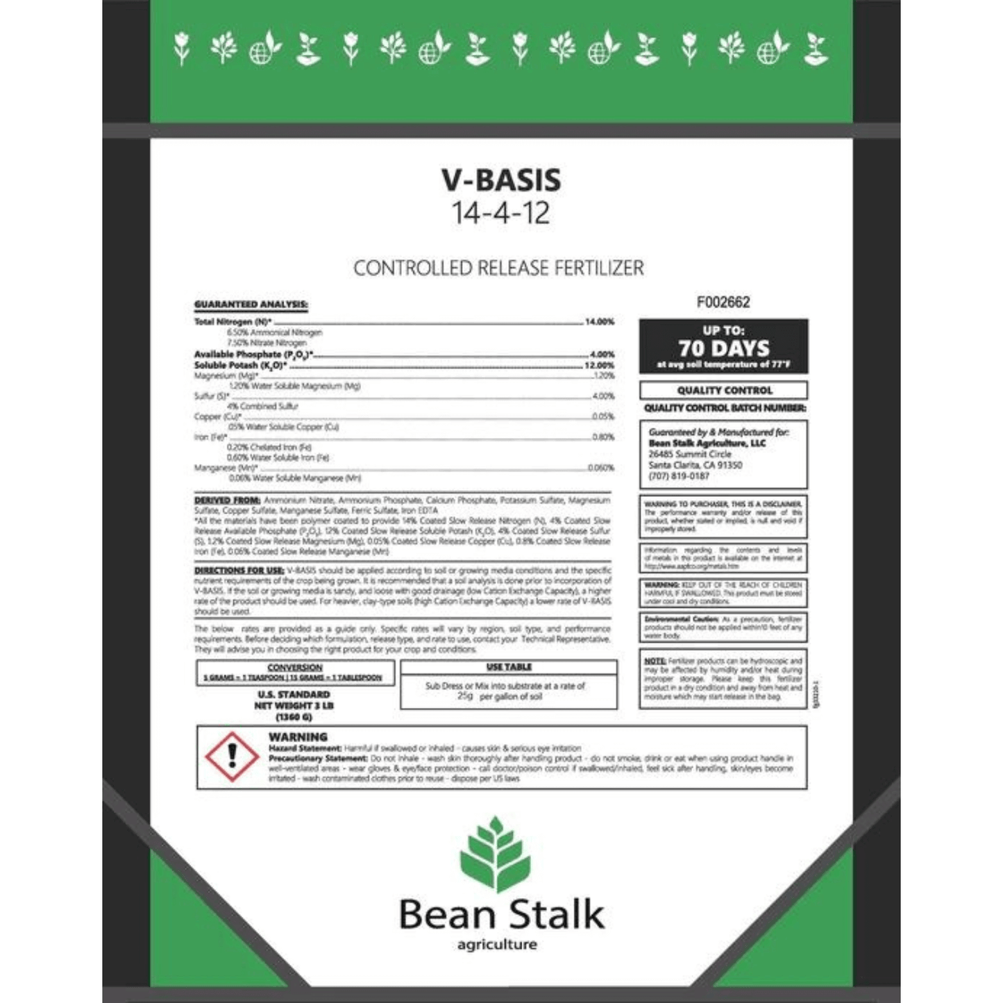 Beanstalk V-Basis 14-4-12 Controlled Release Fertilizer packaging details and nutrient analysis for vegetables.