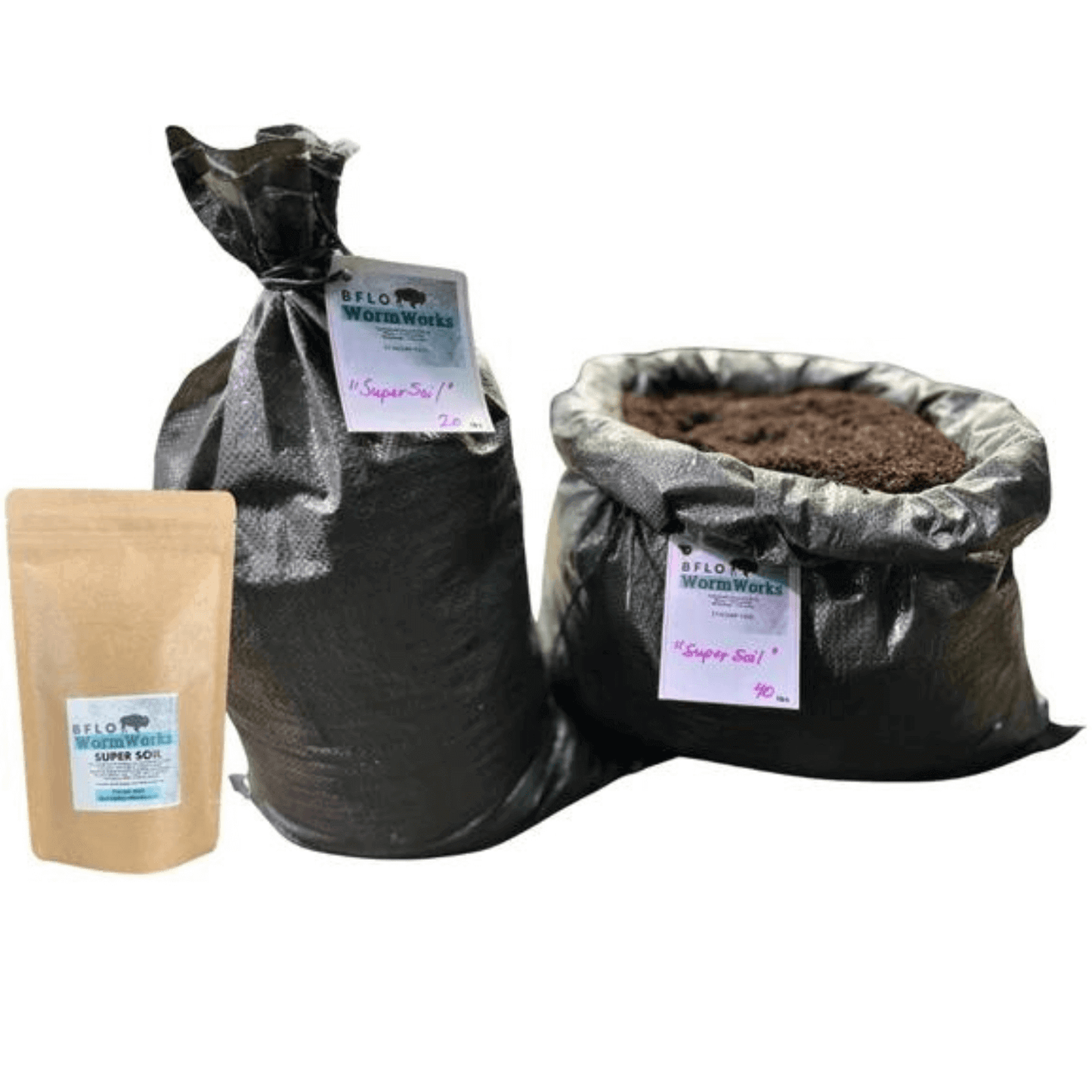 "BFLO Worm Works Worm Castings in various bag sizes for organic plant nourishment and eco-friendly gardening."