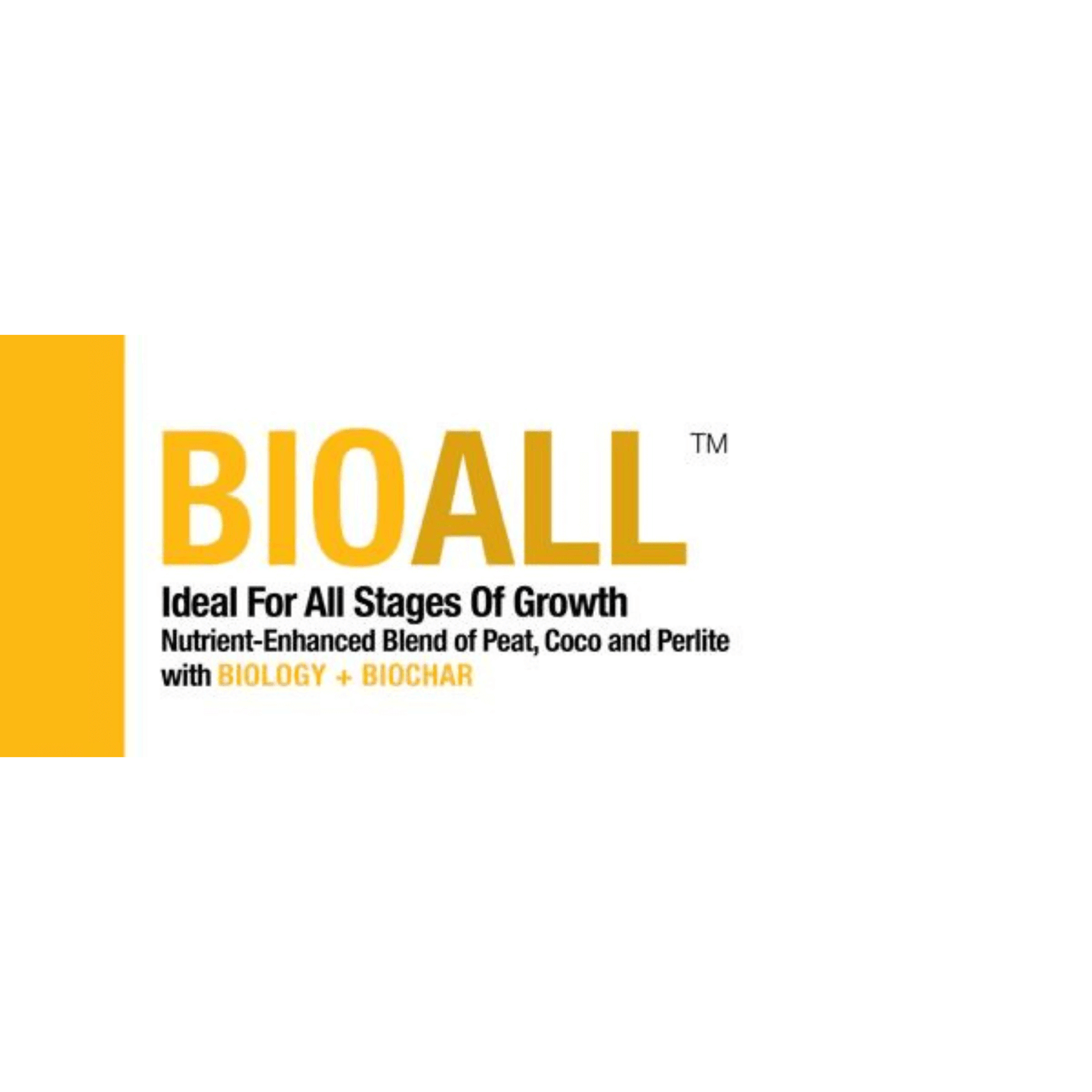 BIOALL gardening medium logo, ideal for growth, nutrient-enhanced blend of peat, coco, and perlite, with biology and biochar.