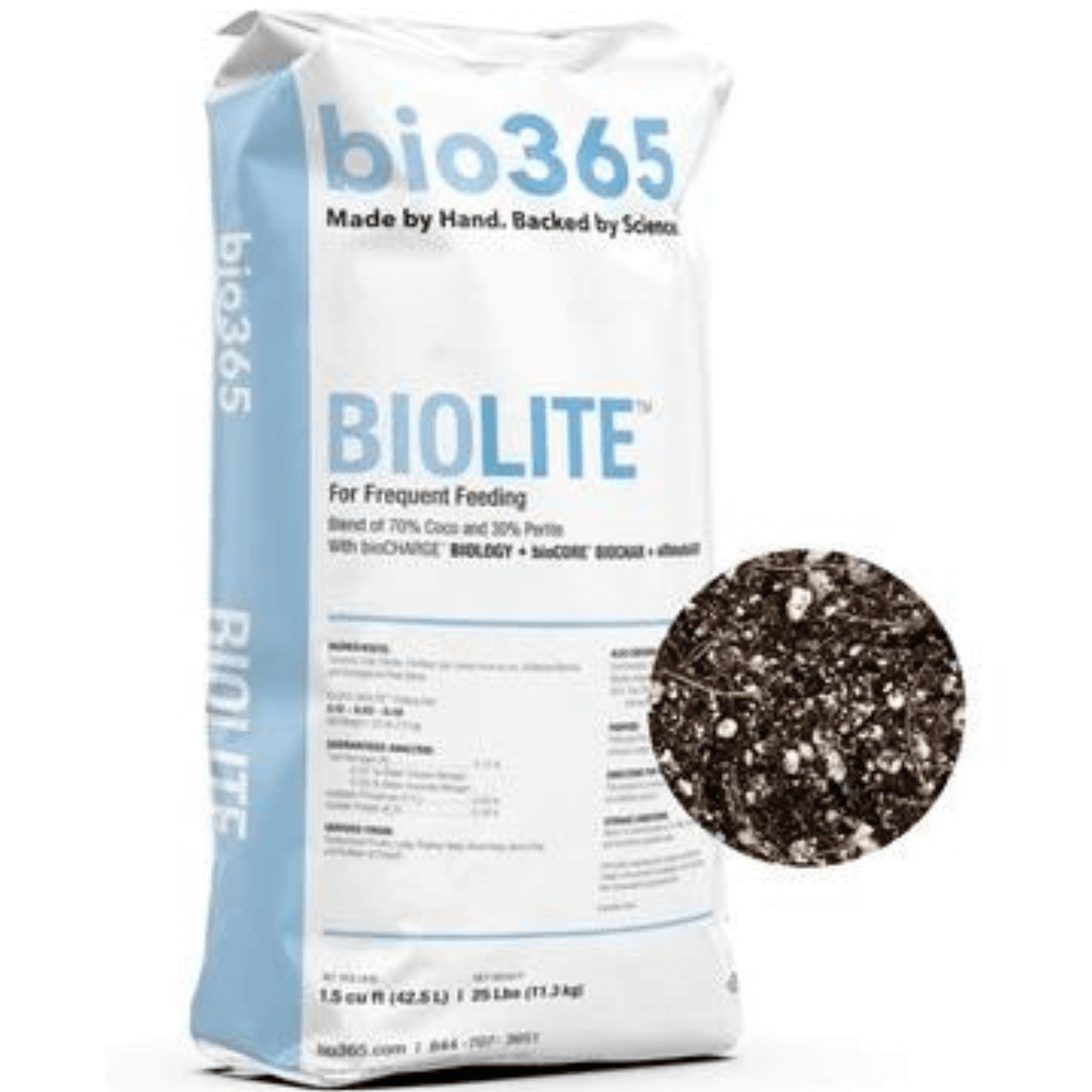 bio365 BIOLITE soilless medium with coarse coir, fine coir, and perlite for innovative gardening.