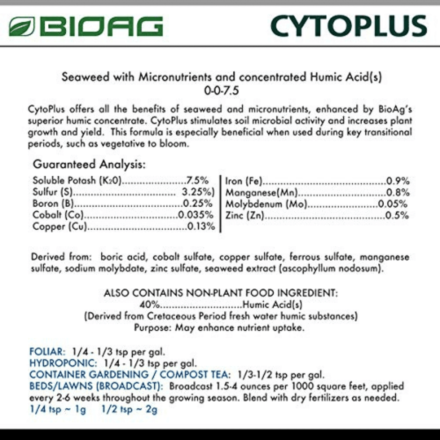 BioAg CytoPlus Seaweed with Micronutrients and Humic Acid Formula for Enhanced Plant Growth - Guaranteed Analysis and Instructions