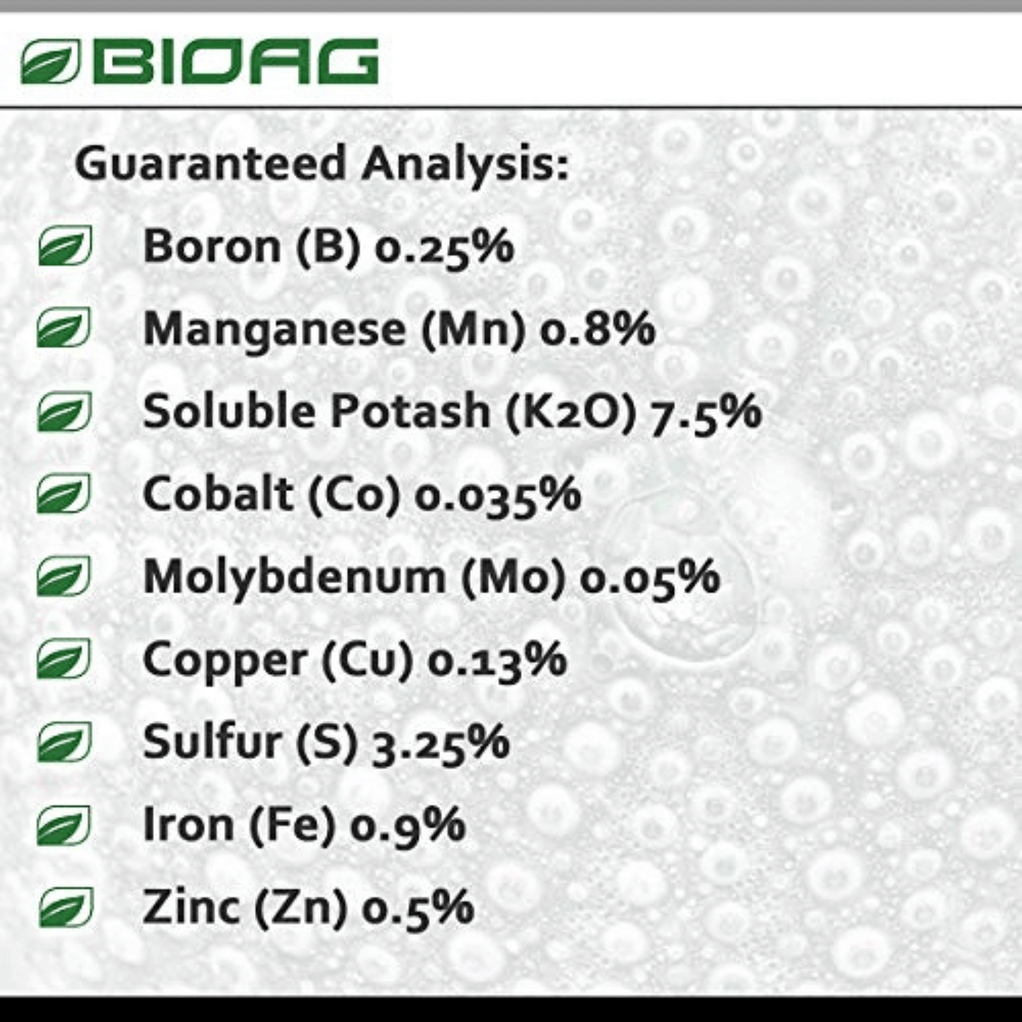 BioAg CytoPlus nutrient analysis showing boron, manganese, potash, cobalt, molybdenum, copper, sulfur, iron, and zinc levels.