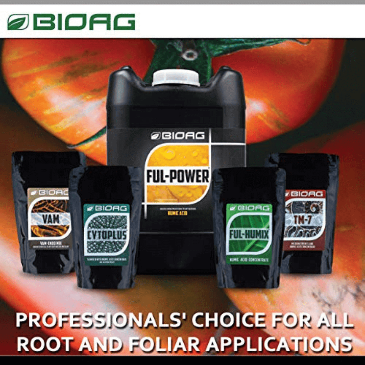 BioAg CytoPlus and other root and foliar application products for advanced plant growth featuring humic acid and seaweed extract.