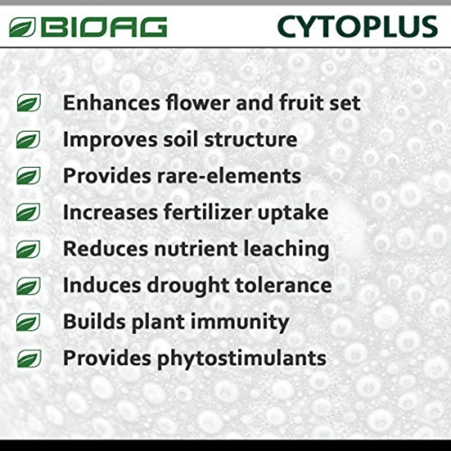 BioAg CytoPlus benefits list, including improved soil structure, enhanced plant growth, and increased fertilizer uptake.