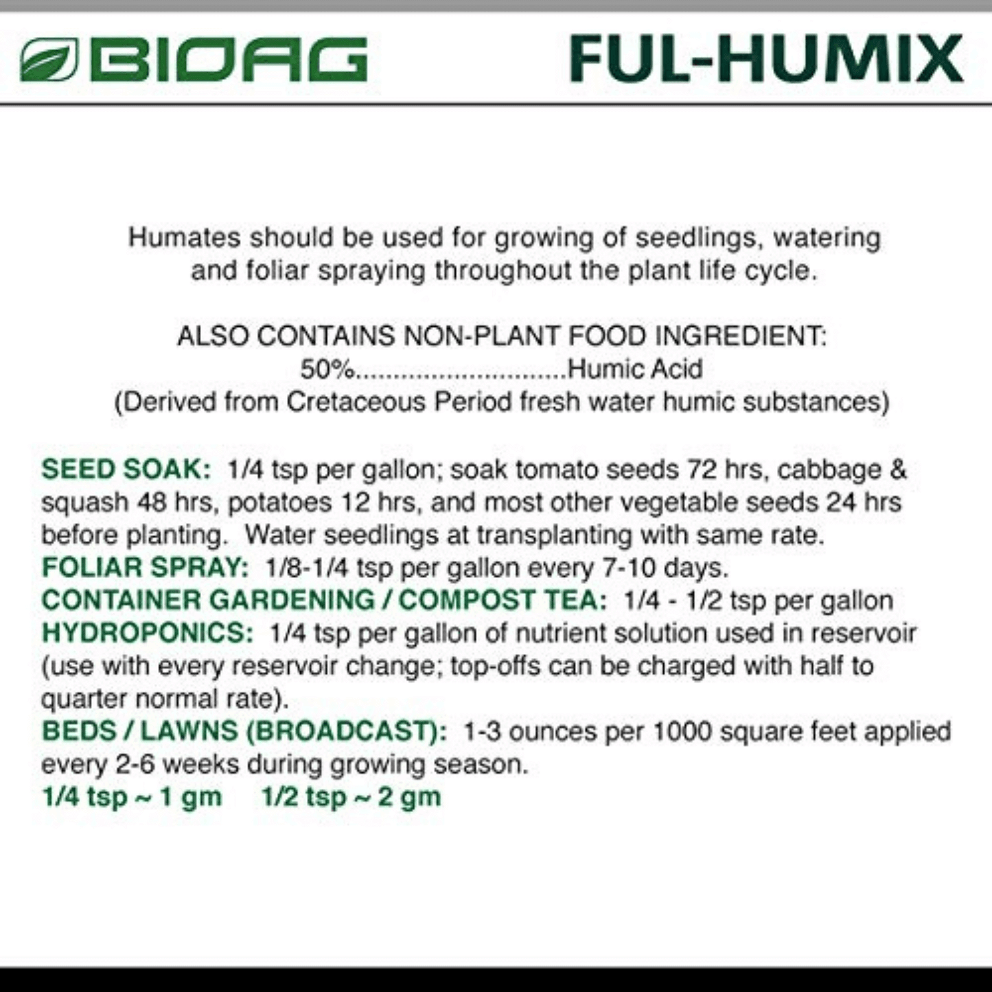 BioAg Ful-Humix application instructions for seed soak, foliar spray, container gardening, hydroponics, and lawn care.