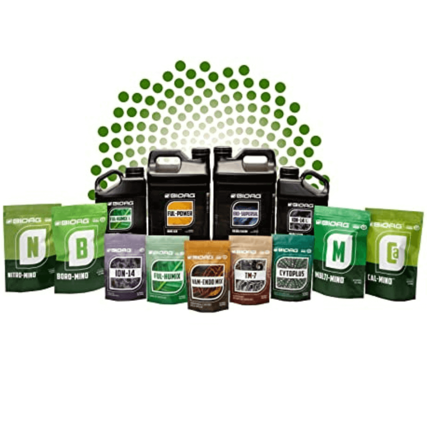 BioAg organic fertilizers and supplements display featuring a range of nutrient-rich products in pouches and bottles.