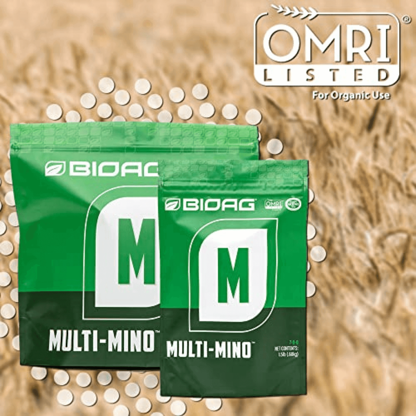 BioAg Multi-Mino Organic Amino Acid Fertilizer pouches in a field, OMRI listed for organic use.