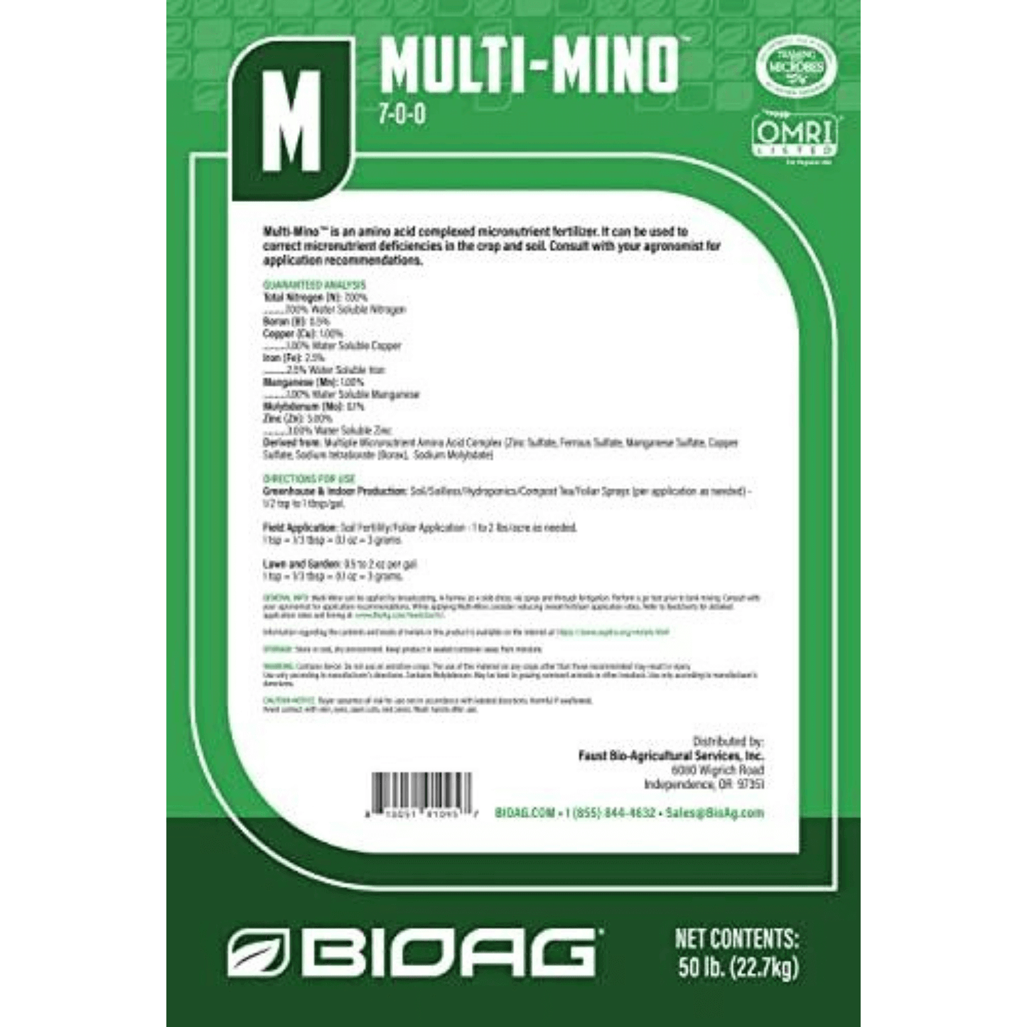 BioAg Multi-Mino Organic Amino Acid Fertilizer package label, 7-0-0 micronutrient fertilizer details, 50 lb bag, OMRI listed.