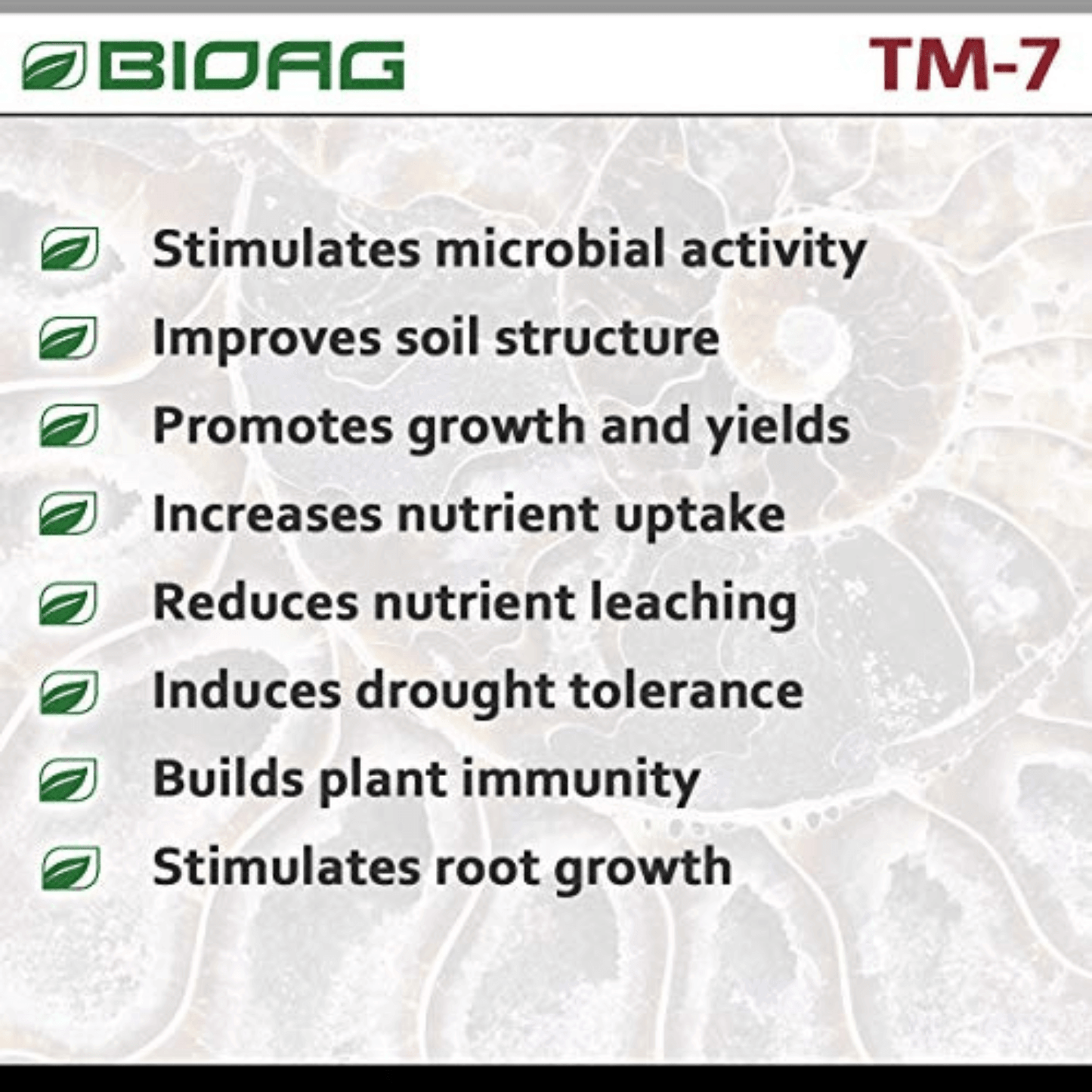 BioAg TM-7 benefits list including stimulating microbial activity, improving soil structure, and promoting plant growth.