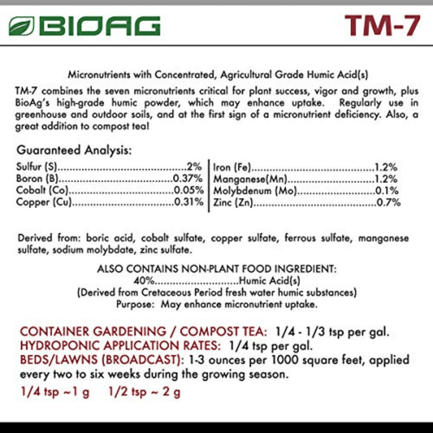 "BioAg TM7 Organic Humic Acid with Micronutrients Product Label and Usage Instructions"