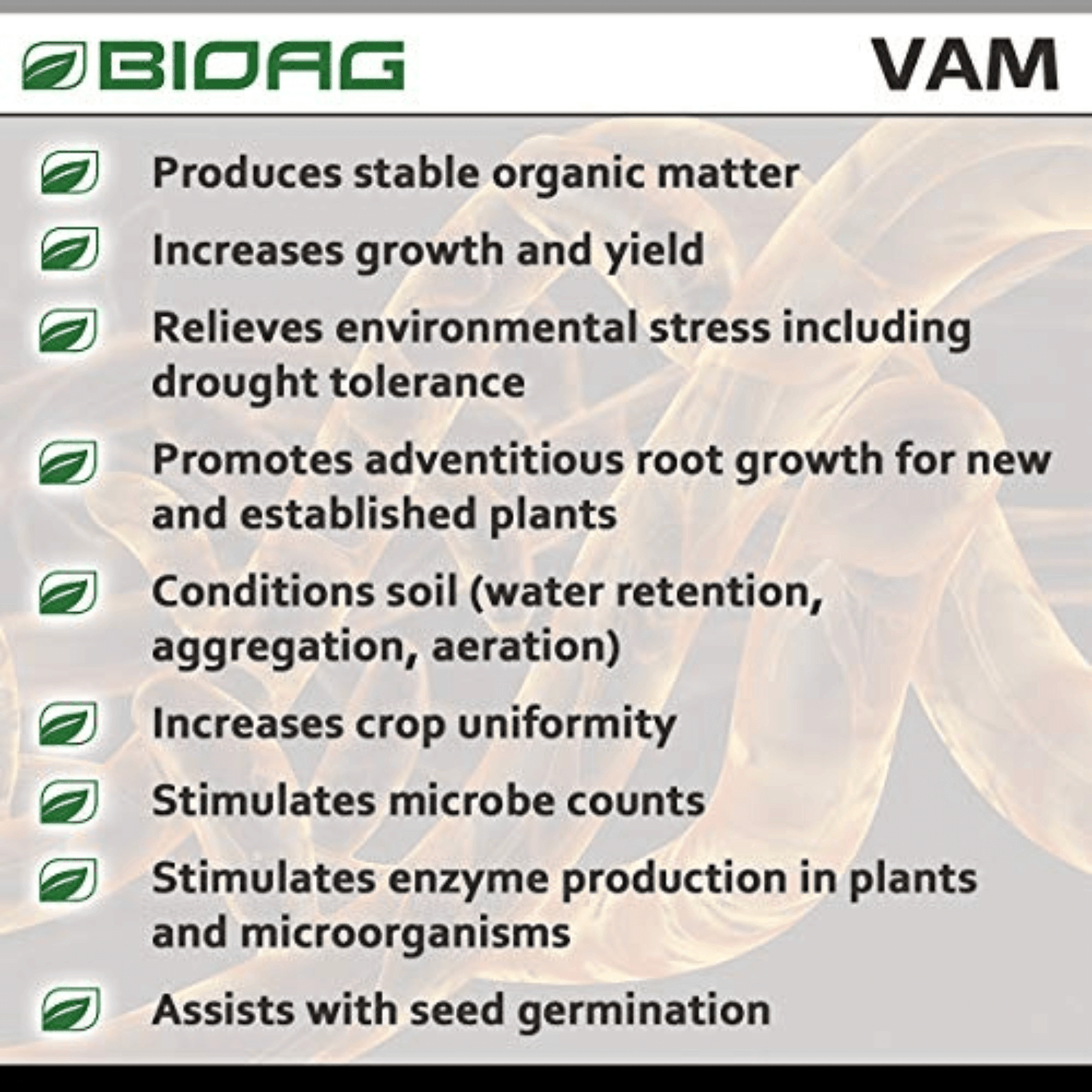 BioAg VAM benefits list highlighting growth, yield, stress relief, root growth, soil conditioning, and seed germination.