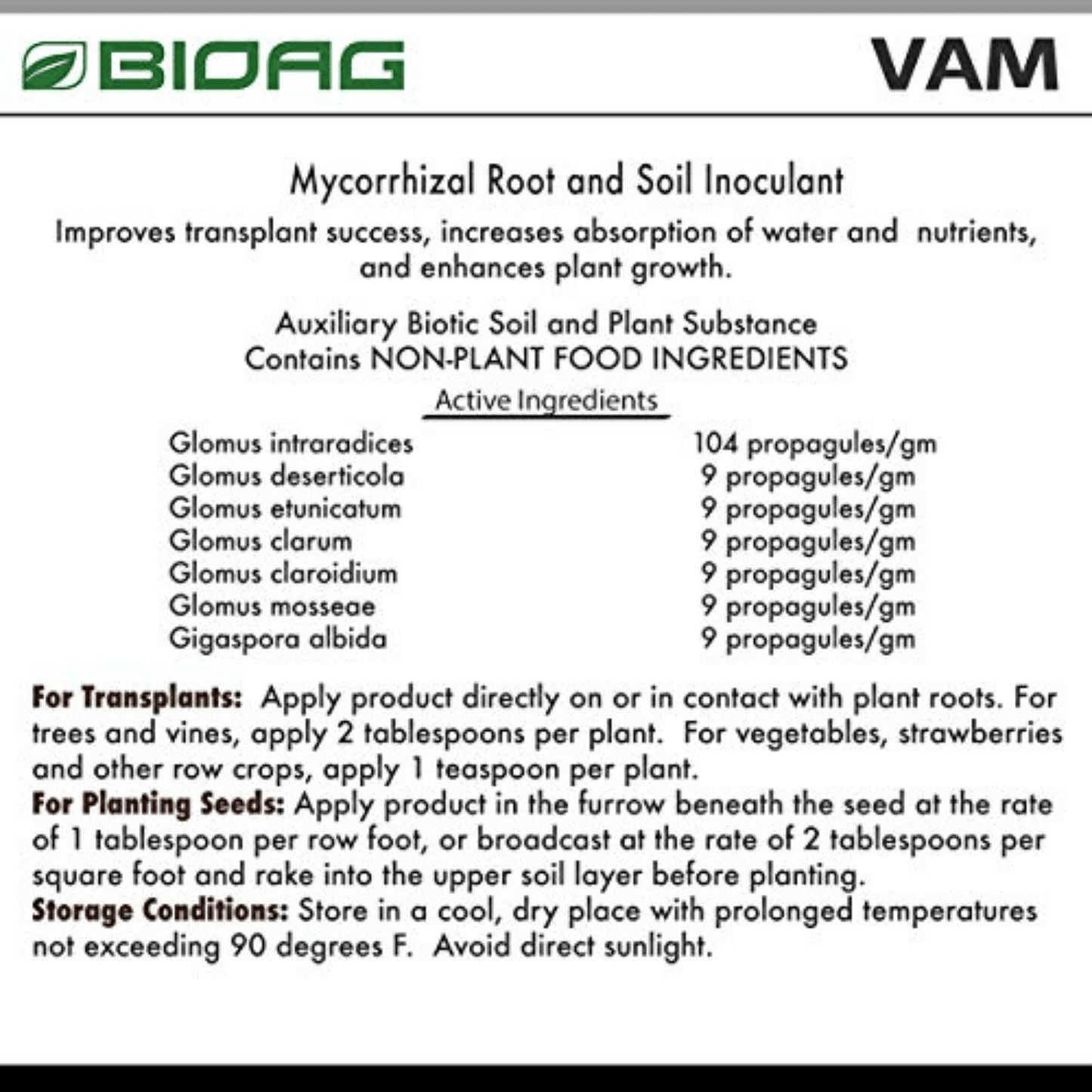 Label of BioAg VAM Mycorrhizal Root and Soil Inoculant with instructions and active ingredients list.