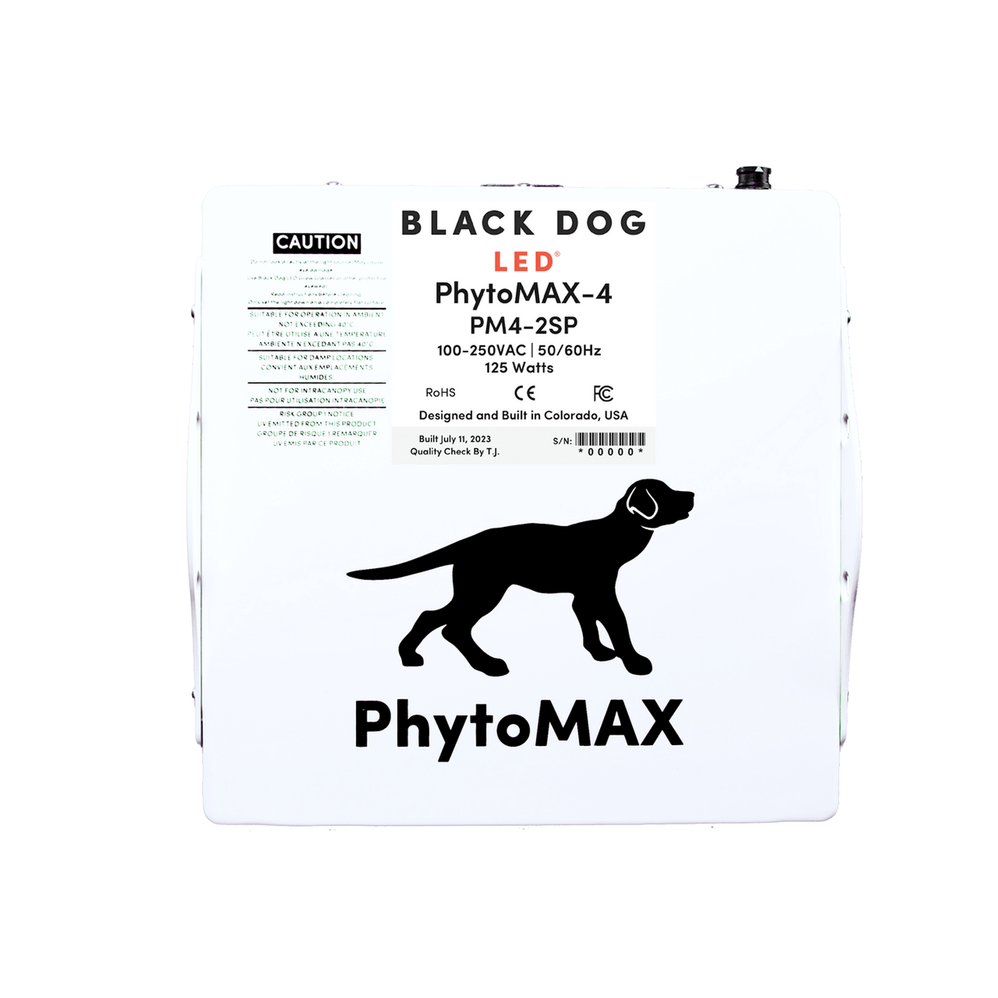 Black Dog LED PhytoMAX-4 2SC 125W LED Grow Light front view with logo and specifications.