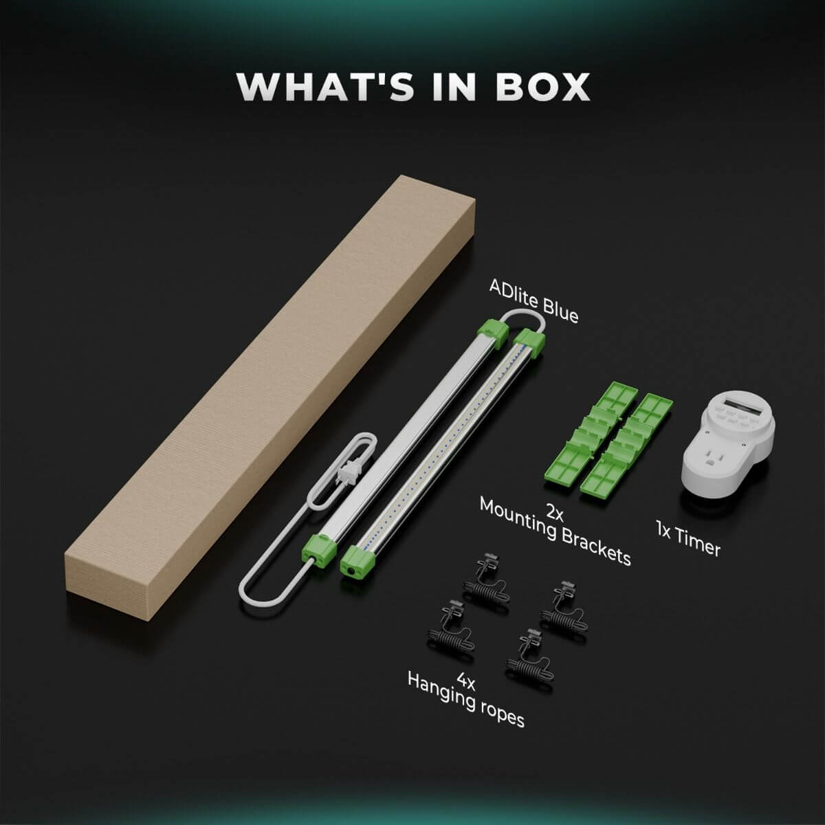 Contents of Mars Hydro ADlite Blue 30 LED grow light bundle including bars, brackets, timer, and accessories.
