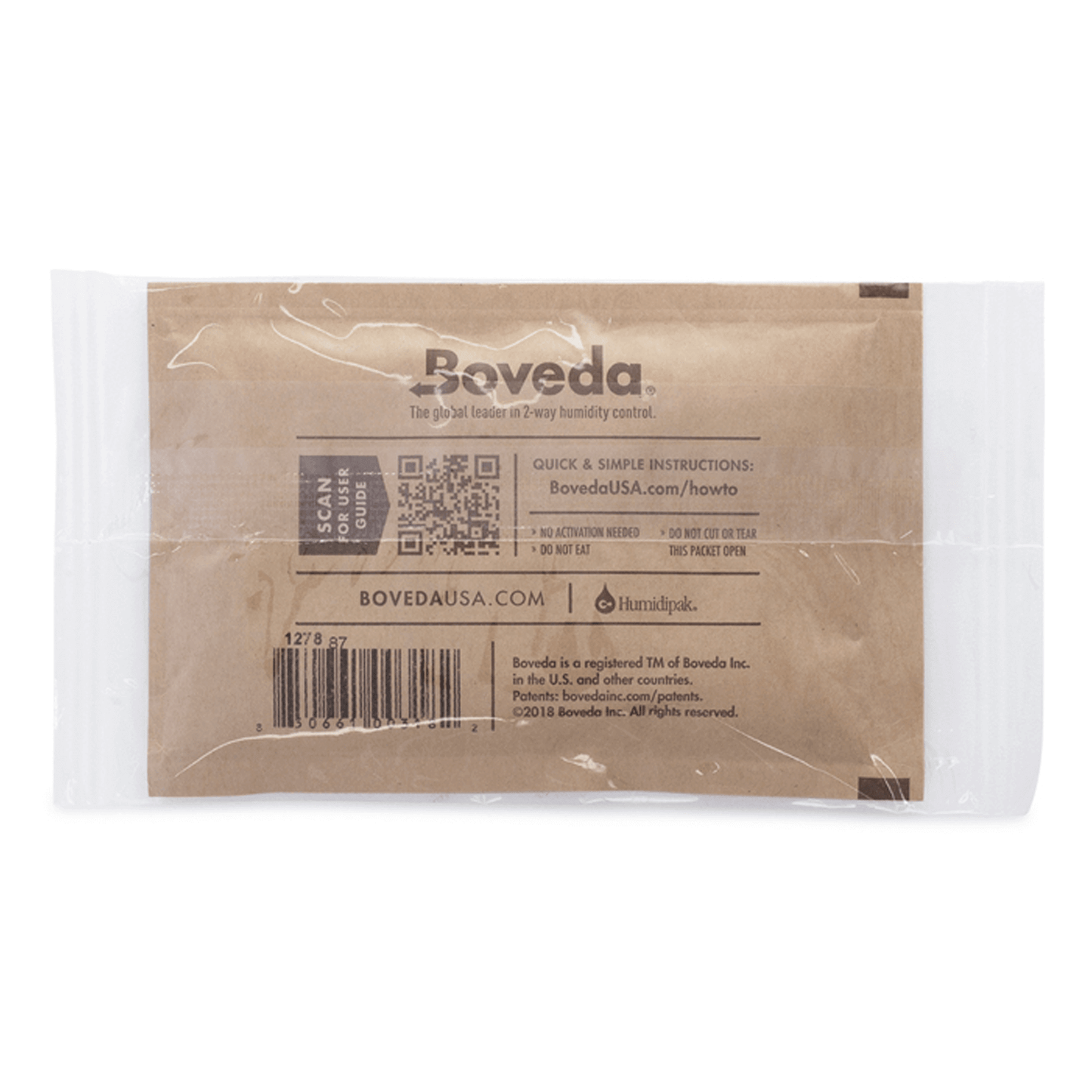 Boveda 67g 62% Humidity Control Pack in sealed plastic wrapping, front view, with product details and instructions.