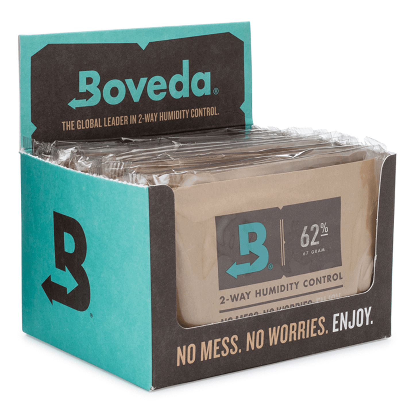 Boveda 67g 62% humidity control packs in a box, pack of 12 for moisture regulation and terpene retention.