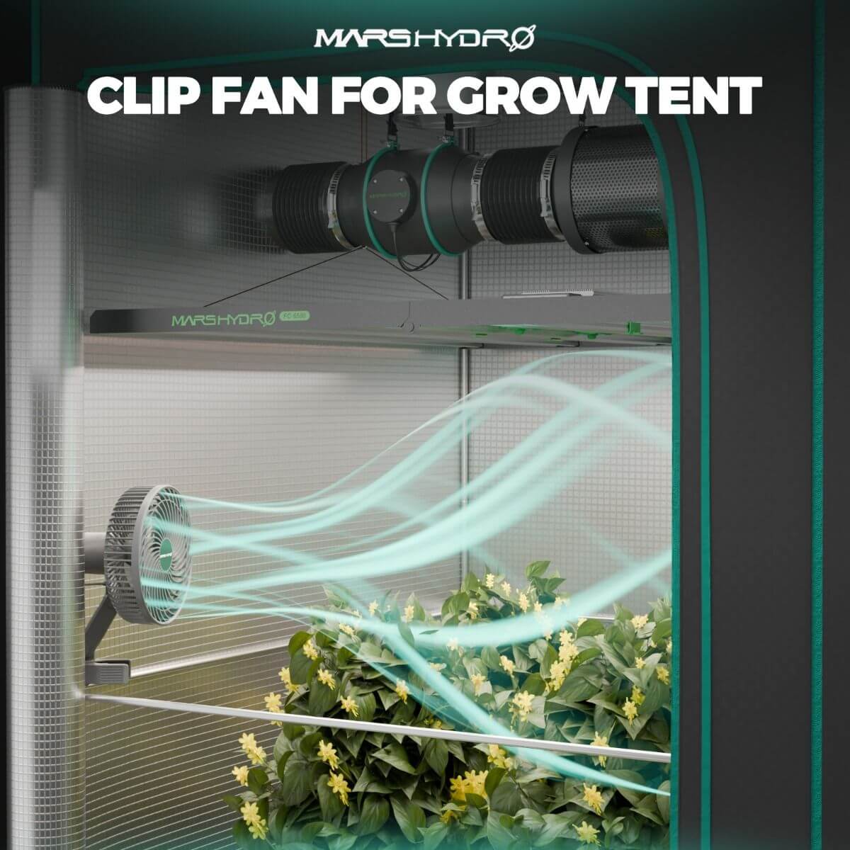 Mars Hydro clip fan for grow tent, enhancing ventilation for indoor plants with airflow effect.