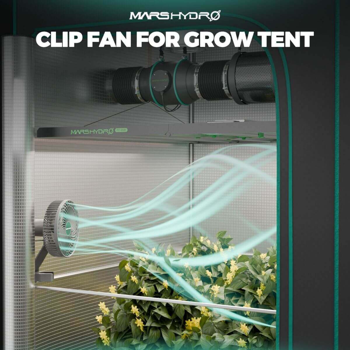 Mars Hydro clip fan for grow tent, enhancing ventilation for indoor plants with airflow effect.