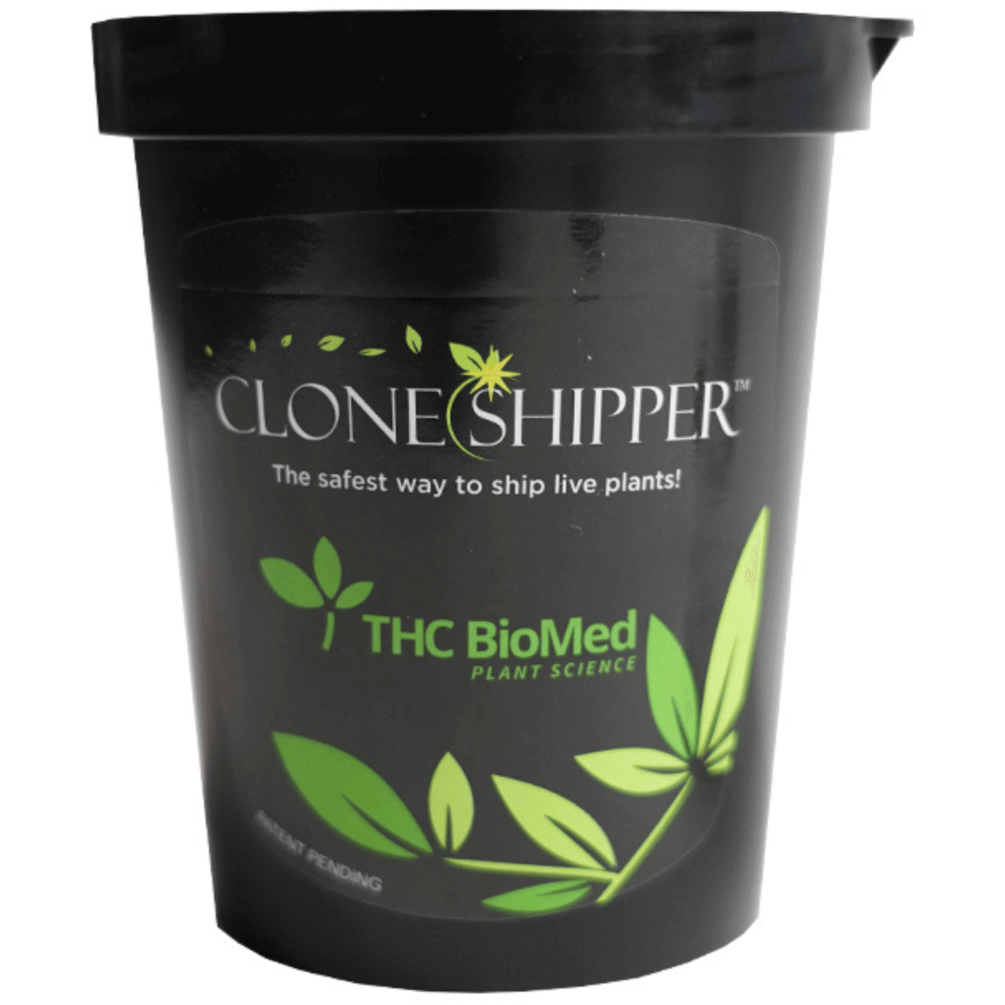 Clone Shipper plant packaging with logo, designed for safe shipping of live plants, featuring green leaf design and black lid.