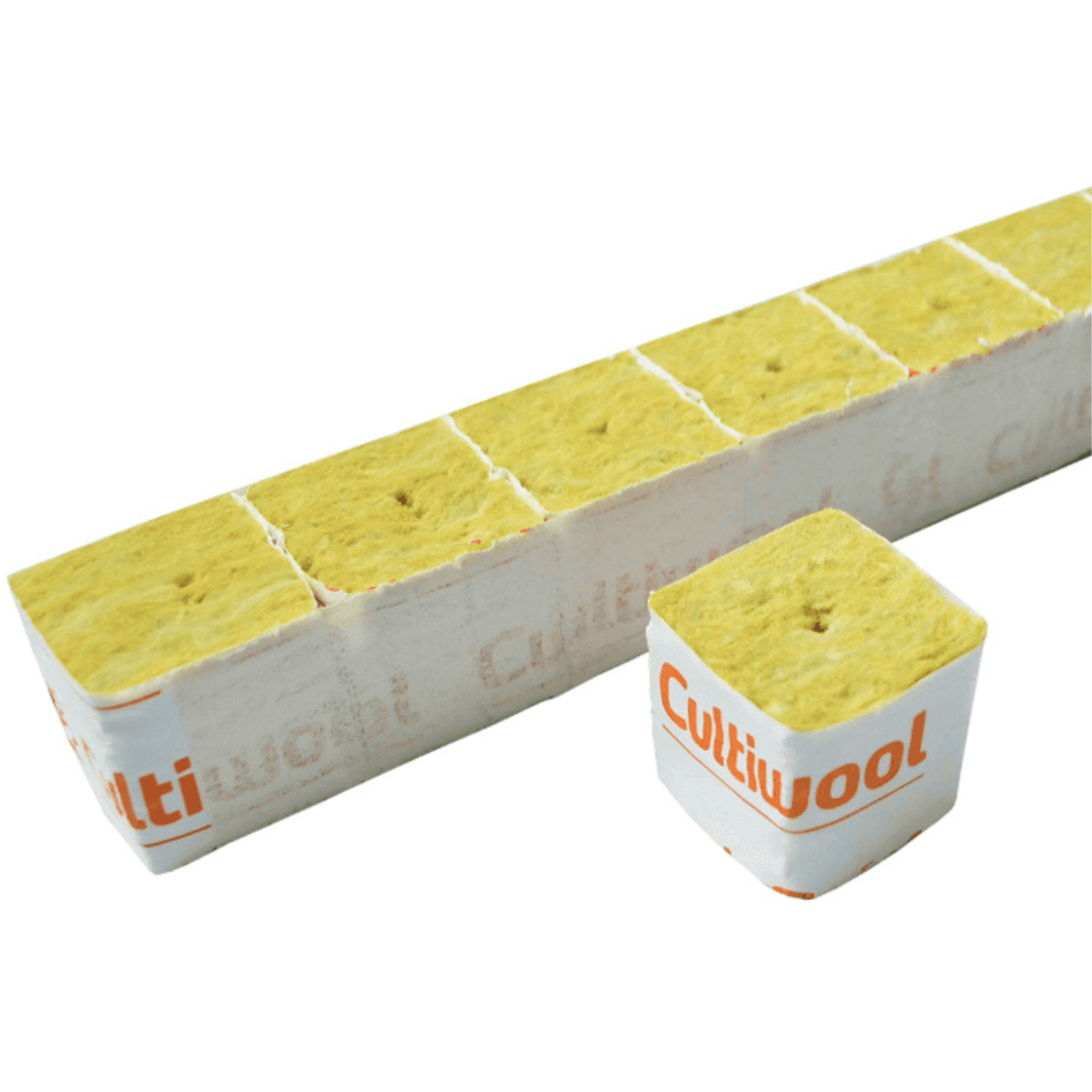 Cultiwool 1.5-inch rockwool cubes for hydroponic root growth, shown in a case of 2,250, ideal air and water balance.