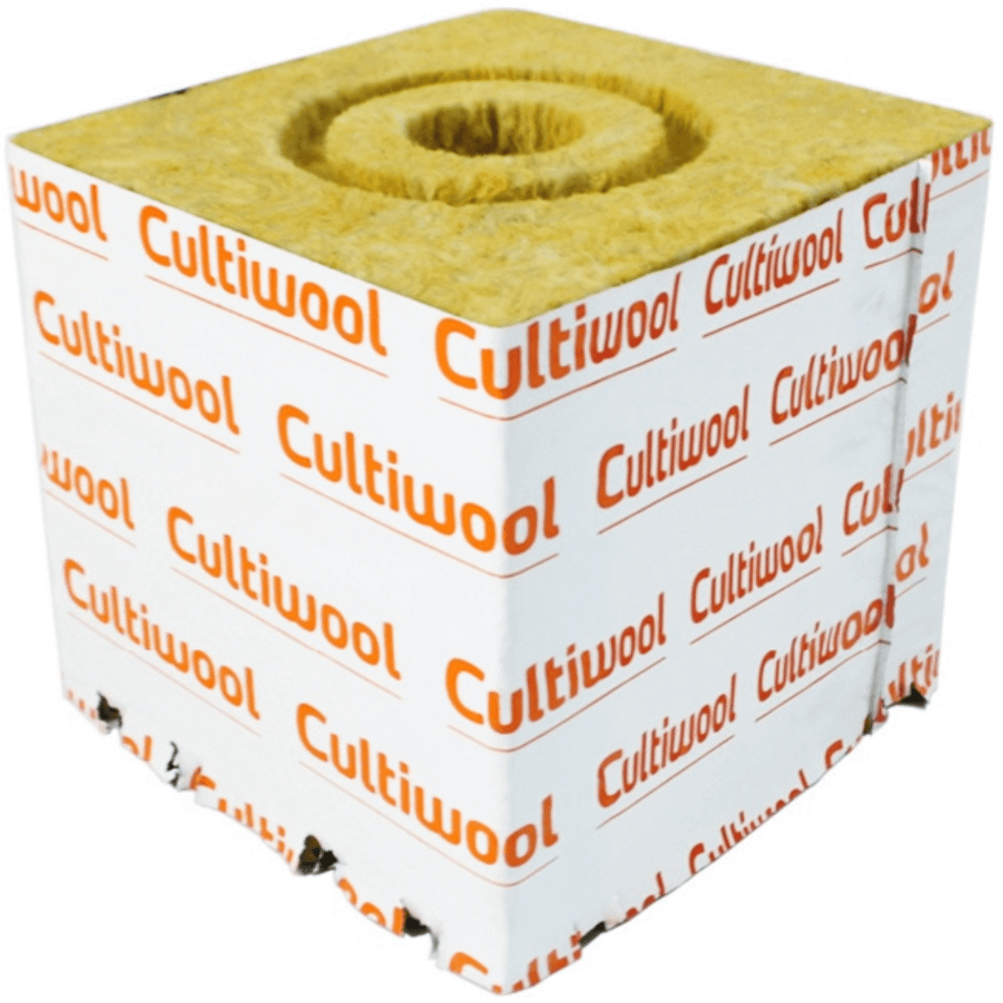 Cultiwool 6x6x6 Rockwool Block with Optidrain and Donut Ring by Cultilene for efficient water distribution.