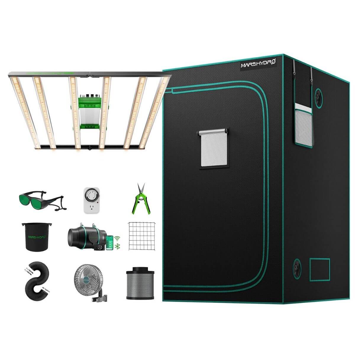Mars Hydro FC-E4800 LED Grow Light kit featuring 4x4 grow tent, inline fan, and accessories for indoor gardening.