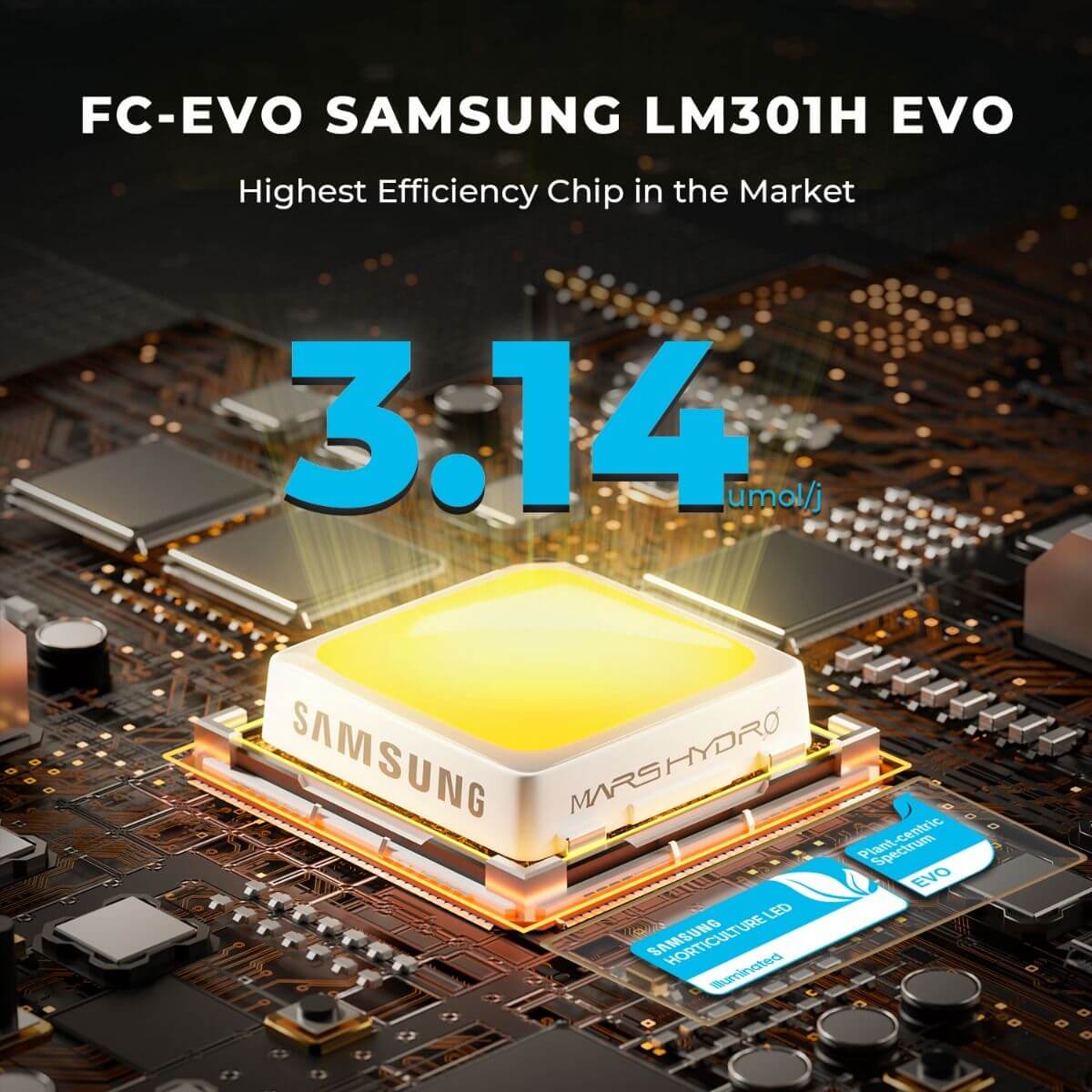 Close-up of FC-EVO Samsung LM301H EVO chip showcasing its efficiency and lumens output.